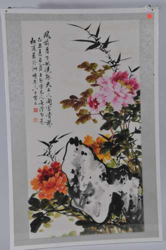 Hanging scroll. China. 20th century. Ink and colours on paper. Peony plants and bamboo. 34