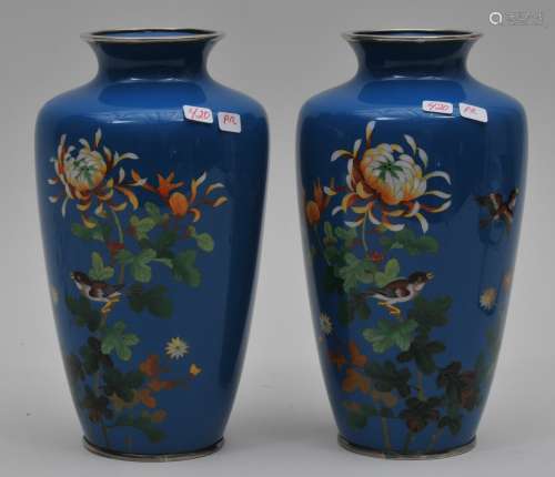 Pair of Cloisonné vases. Japan. Early 20th  century. Birds and flowers on a deep blue ground. 7-1/2