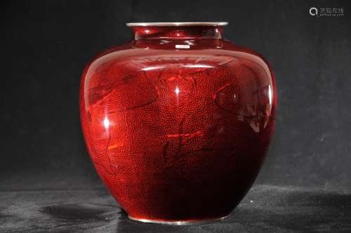 Enamel vase. Japan. Early 20th century. Globular form. Bastaille decoration of fish and aquatic plants beneath a pigeons blood red ground. Signed Sato. 8