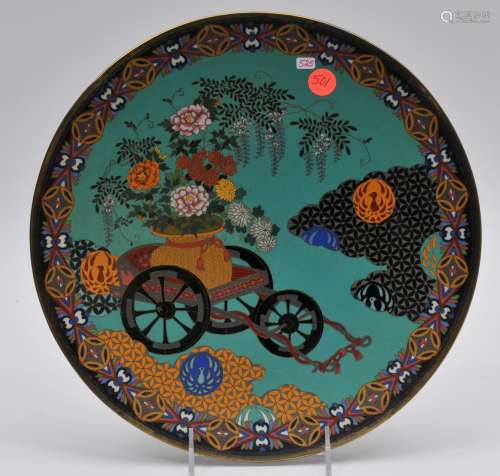 Cloisonné plate. Japan. Meiji period. (1868-1912). Scene of a flower cart on a teal green ground. 12