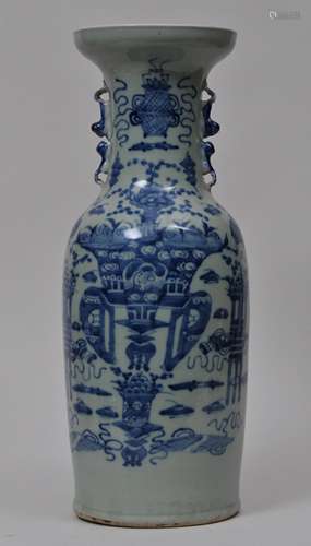 Porcelain vase. China. 19th century. Underglaze blue decoration of The Hundred Antiques on a celadon ground. 22-3/4