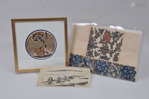 Lot of three items. 19th century. To include an unmounted print, unmounted embroidered and an embroidered crane rounded. Framed and glazed.