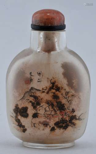 Interior painted Snuff bottle. China. 20th century. Decoration of a landscape and 'The Hundred Antiques'. 2-1/4