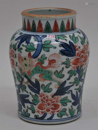 Porcelain vase. China. 18th century. Wu Tsai ware decoration of Foo Dogs and Peonies. 7