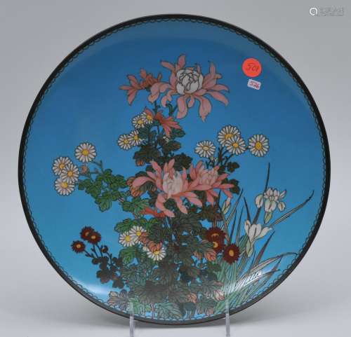 Cloisonné plate. Japan. Meiji period. (1868-1912). Decoration of flowers on a turquoise ground. 12
