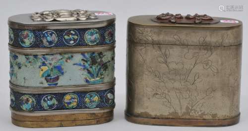 Lot of two Paktong boxes. China. Early 20th century. One enameled, one engraved. Largest- 3-1/4