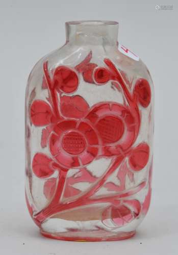 Snuff  bottle. China. 19th century. Overlay glass. Cameo cut red to clear. Carved with flowers. 3