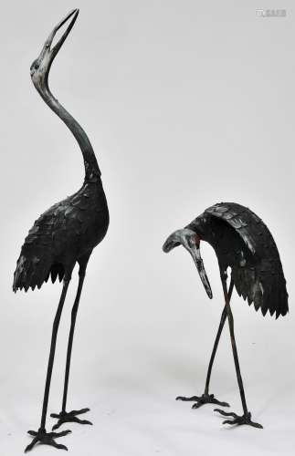 Pair of Bronze cranes. China. 19th century. Paint decorated. Each approx. 36