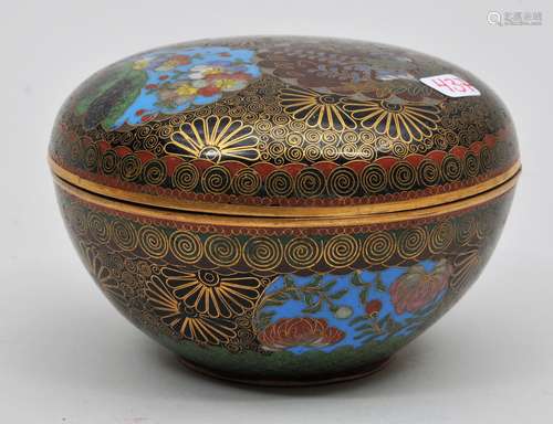 Cloisonné box. Japan. Meiji period. (1868-1912). Kyoto Jippo. Decoration of flowers and brocade patterns. 3-1/2