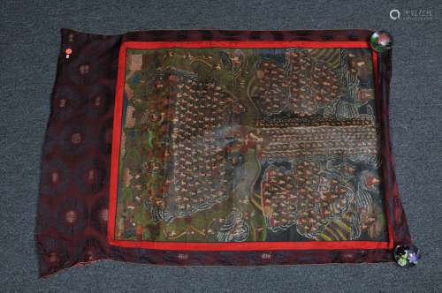 Thangkha. Tibet. 20th century. Mineral pigments on heavy cloth. Multiple lineage figures. 32-1/4