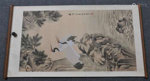 Scroll painting. China. 20th century. Ink and colours on silk. Pair of cranes in a landscape. 43