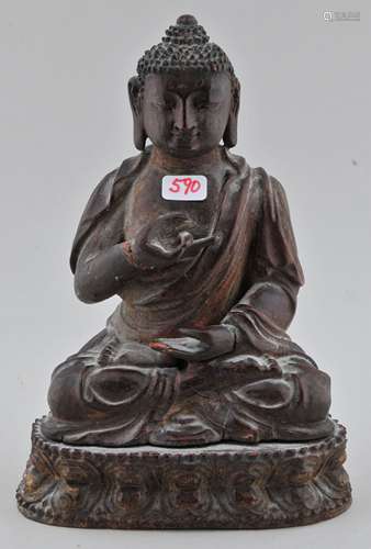 Carved wooden Buddha. China. 18th/19th century. Seated figure of Amida. Lacquered surface. 5-1/2