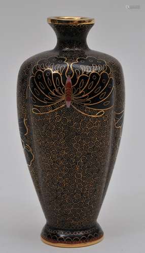 Cloisonné vase. Japan. Meiji period. (1868-1912). Butterflies on a black lobated body. Signed. 5