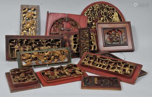 Thirteen Architectural elements. China. 19th to early 20th century. Carved, painted and gilded.