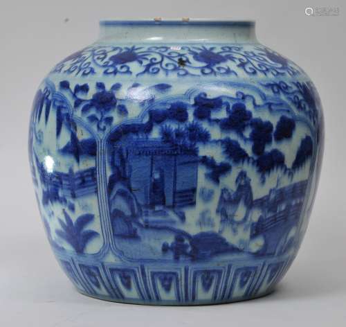 Porcelain jar. China. 20th century. Kuan with underglaze blue decoration of scholars in landscape with floral borders. 16
