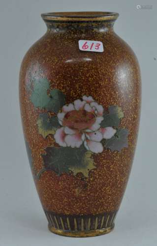 Cloisonné vase. Japan. Meiji period. (1868-1912). Flowers on a ground of speckled mustard yellow and brick red. 5