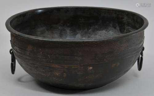 Bronze bowl. China. Han period. (2nd BC- 2nd c AD). Tao Tieh jump ring handles. 9-3/4