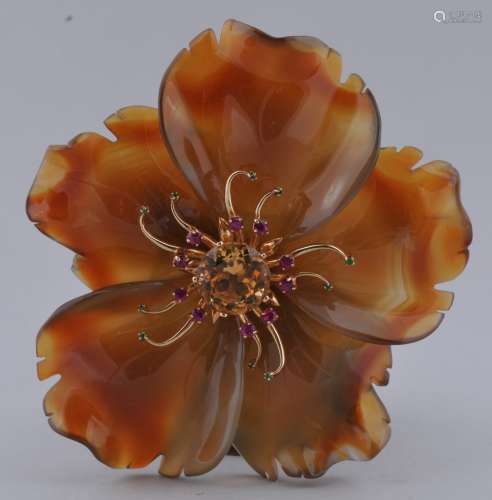 Agate, with mounted Emerald, Ruby and Citrine 14 karat gold carved floral brooch pin. 3-7/8