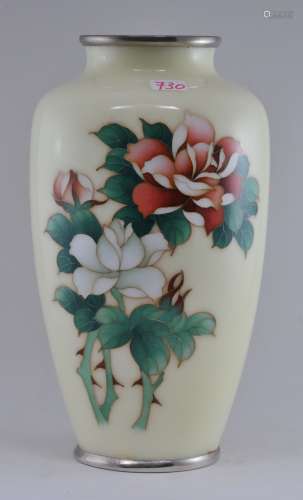 Cloisonné vase. Japan. Circa 1950. Standard cloisonné roses on a pale yellow ground. 6-1/2