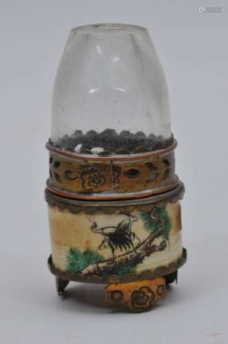 Opium lamp. China. Early 20th century. Engraved bone, brass and glass. 3-1/2
