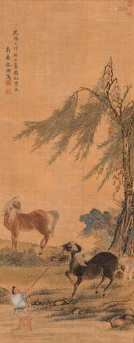 A KAKEMONO OF HORSES AND SERVANT UNDER A WILLOW