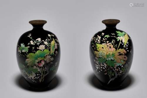 A PAIR OF SMALL CLOISONNÉ VASES WITH PLUM BLOSSOMS