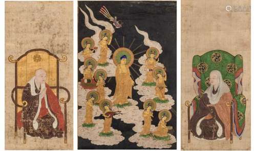 A SET OF THREE JAPANESE SCROLLS WITH BODDHISATTVA AND MONKS