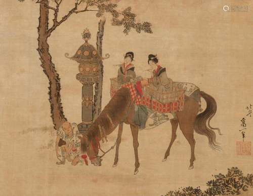 A TATEMONO IN THE STYLE OF HOKUSAI OF BIJIN ON HORSEBACK