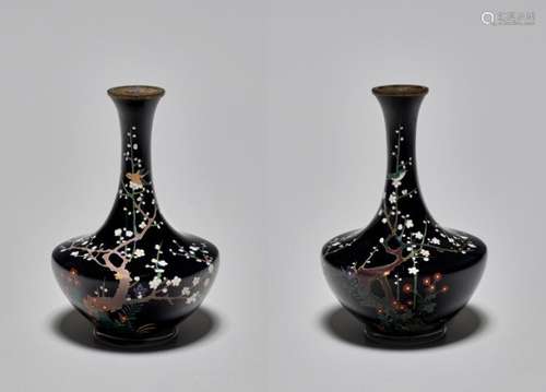 A PAIR OF SMALL CLOISONNÉ VASES WITH PLUM BLOSSOMS