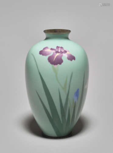 A CLOISONNÉ VASE WITH IRIS BLOSSOMS IN THE STYLE OF NAMIKAWA SOSUKE