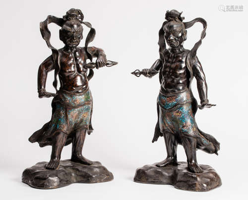 A LARGE PAIR OF CHAMPLEVE GUARDIAN DEITIES (NIO)