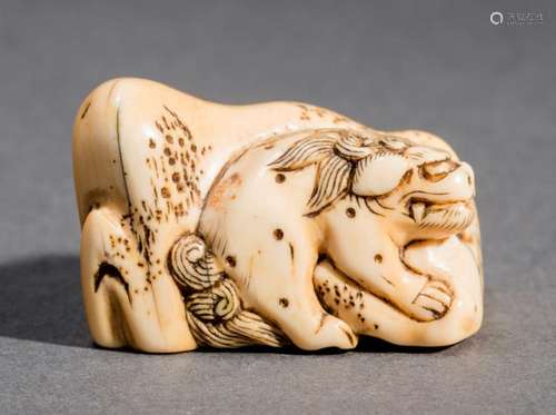 AN IVORY NETSUKE OF A SHISHI ON A ROCK