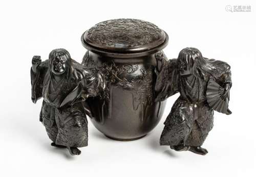 AN ORNATELY MODELLED BRONZE SHOJO LIDDED INCENSE BURNER