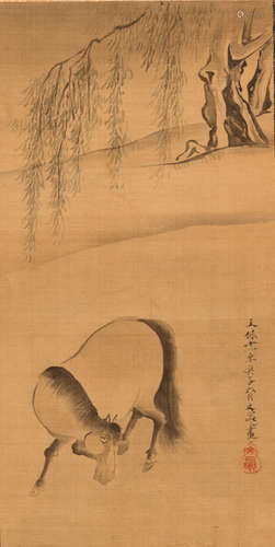 A TATEMONO BY TANI BUNCHO (1763- 1840) OF A HORSE UNDER A WILLOW