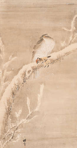 A PAINTING OF A FALCON WITH SPARROW