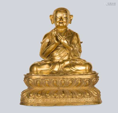 A Gilt Copper Alloy Figure of Tsongkhapa, Tibet, 18th Century or Earlier.