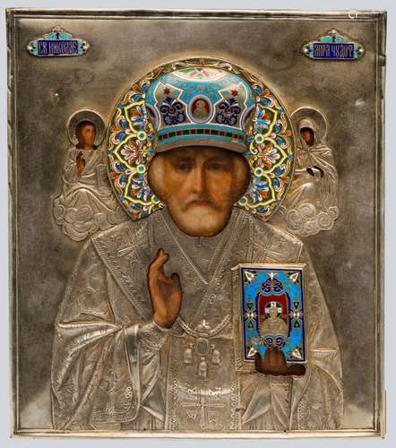 An Icon of St. Nicholas the Wonderworker with Cloisonne Enamel Oklad.