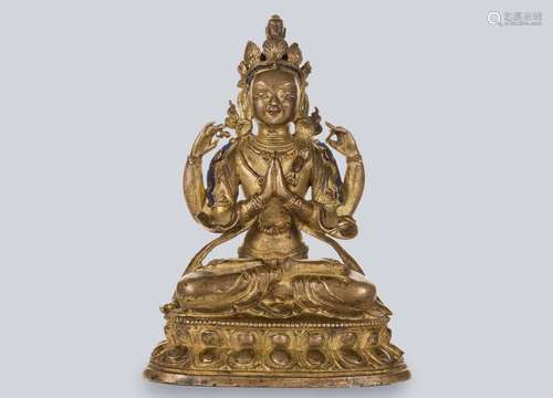 A Gilt Bronze Figure of Sadakshiri Lokeshvara, Tibet 18th Century.