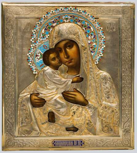 A Gilt Silver and Cloisonne Enamel Icon of The Mother of God of Vladimir.