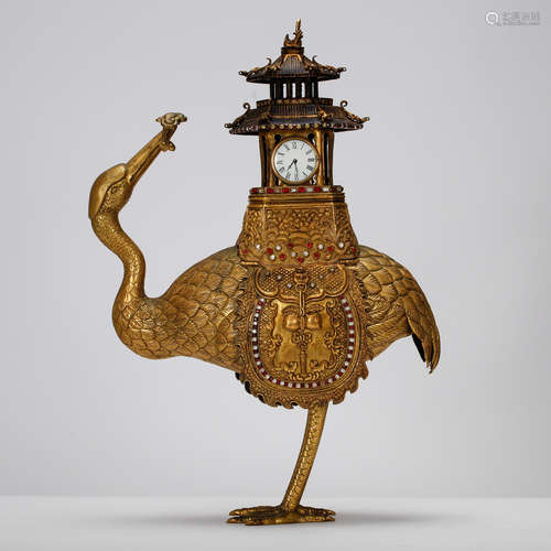 CHINESE GILT BRONZE CRANE WITH CLOCK