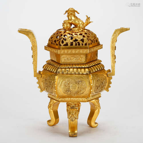 CHINESE GILT TRIPOD FOOLION CENSER