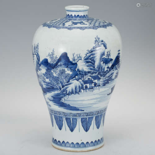 CHINESE BLUE AND WHITE LANDSCAPE MEIPING VASE