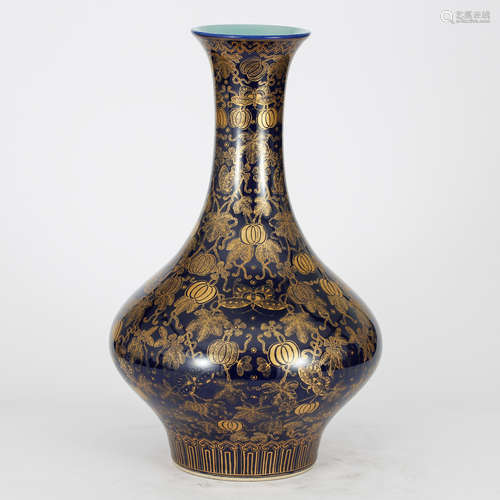 CHINESE GILT BLUE GLAZED PORCELAIN VASE