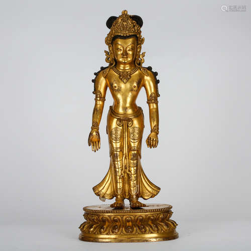 CHINESE GILT BRONZE STANDING AVALOKITESHVARA