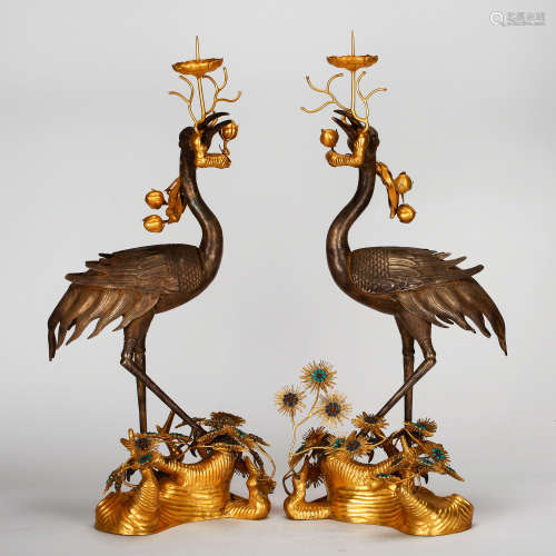 CHINESE GILT BRONZE CRANE CANDLE STANDS