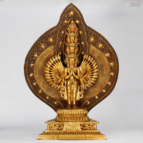 CHINESE LARGE GILT BRONZE AVALOKITESHVARA