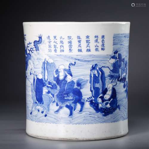 CHINESE BLUE AND WHITE BRUSH POT