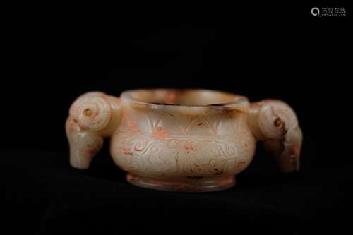 CHINESE ARCHAIC JADE CENSER WITH SHEEP HEAD