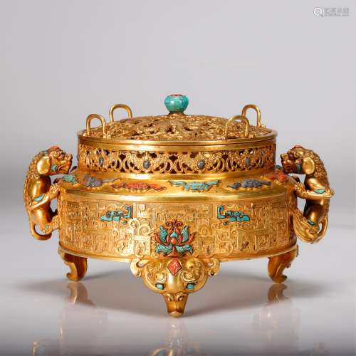 CHINESE GILT BRONZE COVER CENSER WITH INLAID