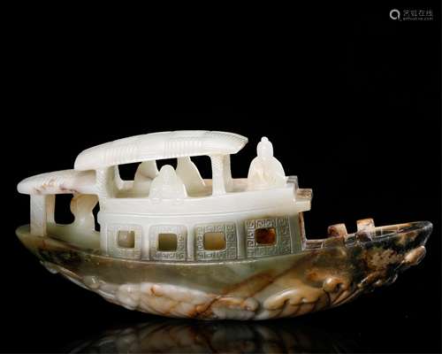 CHINESE WHITE JADE CARVED BOAT